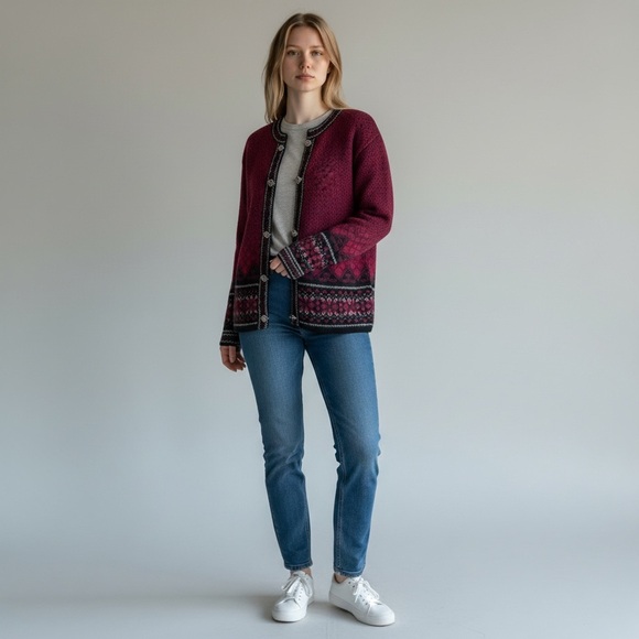 Vintage Eagles Eye Wool Fair Isle Style Sweater knit cardigan Heart Buttons S - Picture 3 of 11